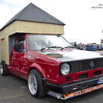 Red VW Golf Mk1 Caddy Truck F786NUD with wooden shed on the back
