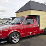 Red VW Golf Mk1 Caddy Truck F786NUD with wooden shed on the back