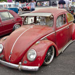 Red VW Beetle with safari front window