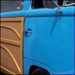 Blue VW Type 2 Bay Window with wood panelling KDY819H
