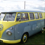 Blue and yellow VW Type 2 Split Screen ADW92A