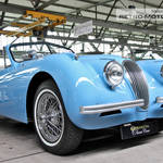Blue 1953 Jaguar XK120 at the Meilenwerk Stuttgart